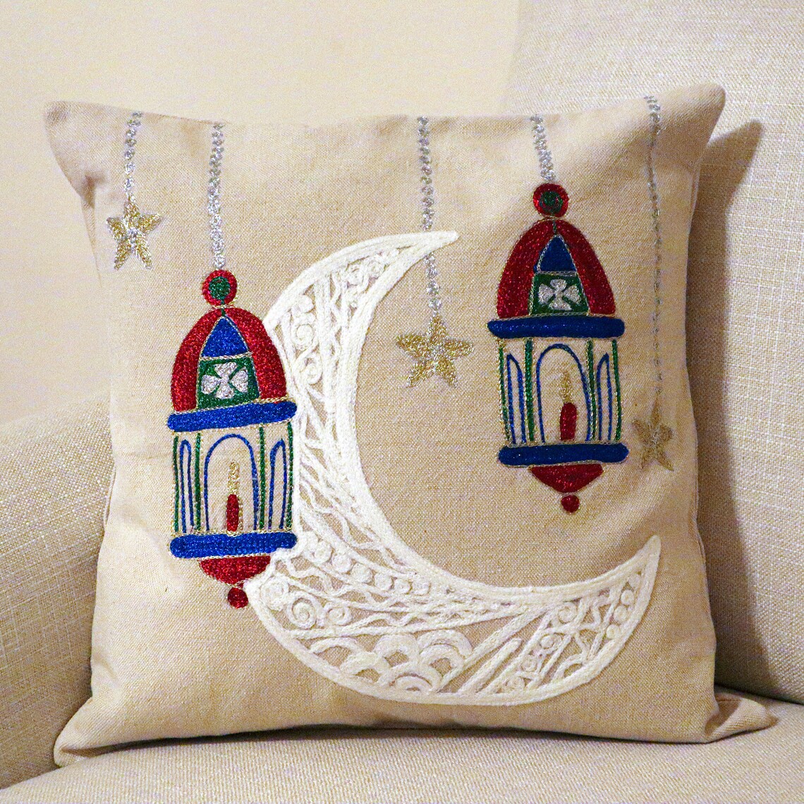 Handmade Embroidered Statement Light Nude Luxurious Traditional Moon Cushion Cover, Handmade in Alexandria