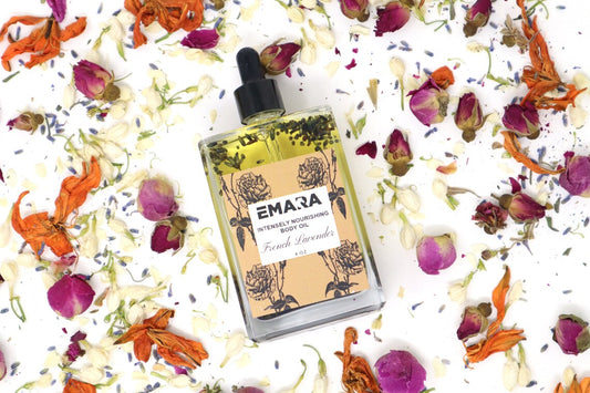 EMARA Intensely Nourishing French Lavender Body Oil - Perfect Self Care Gift, Handmade, Organic, Vegan, Skin Moisturizing, Soothing Oil